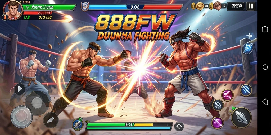 Screenshot menampilkan pertarungan sengit antara karakter dalam 888FW.