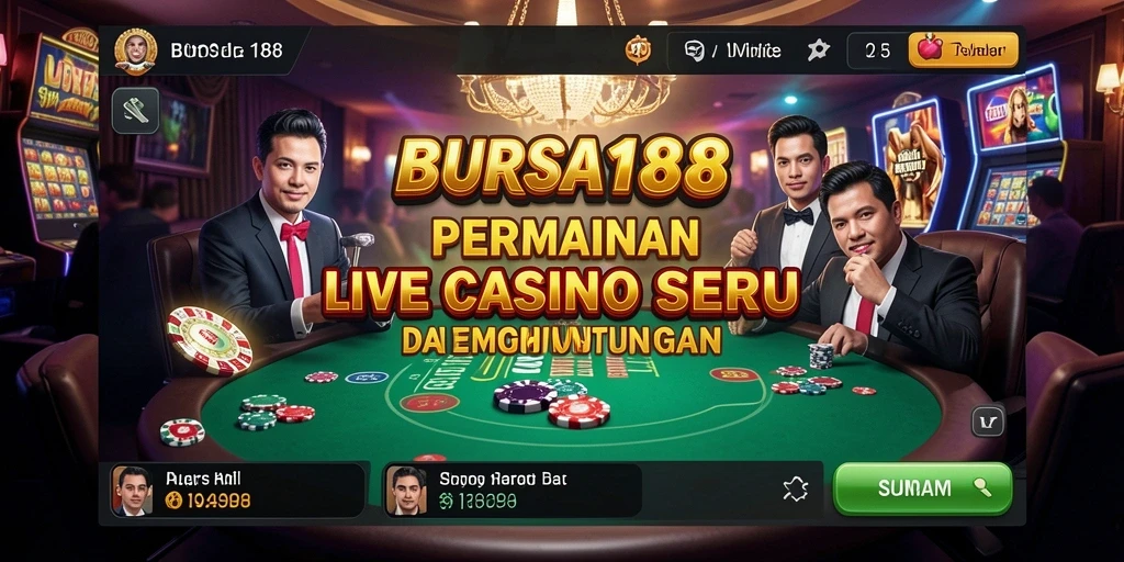 Screenshot BURSA188 menampilkan dealer cantik dengan meja permainan Live Casino.