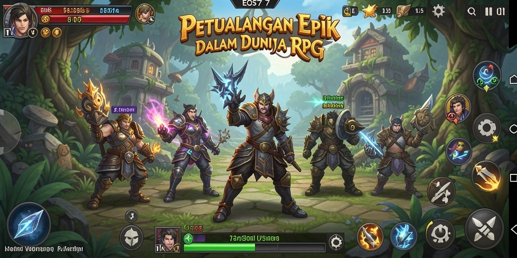 Screenshot utama EOS77 menampilkan pertarungan seru dan pertempuran karakter RPG.
