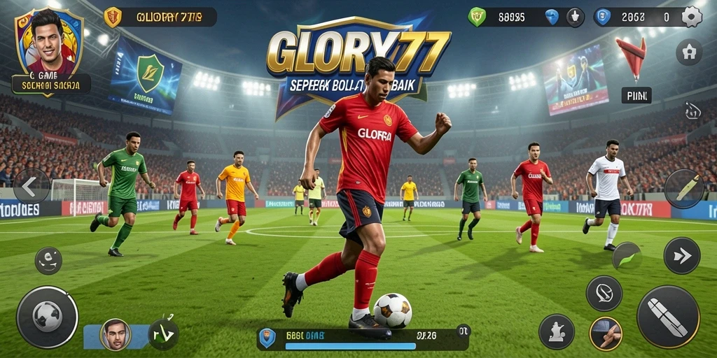 Tangkapan layar gameplay GLORY777 dengan aksi sepak bola yang mendebarkan.