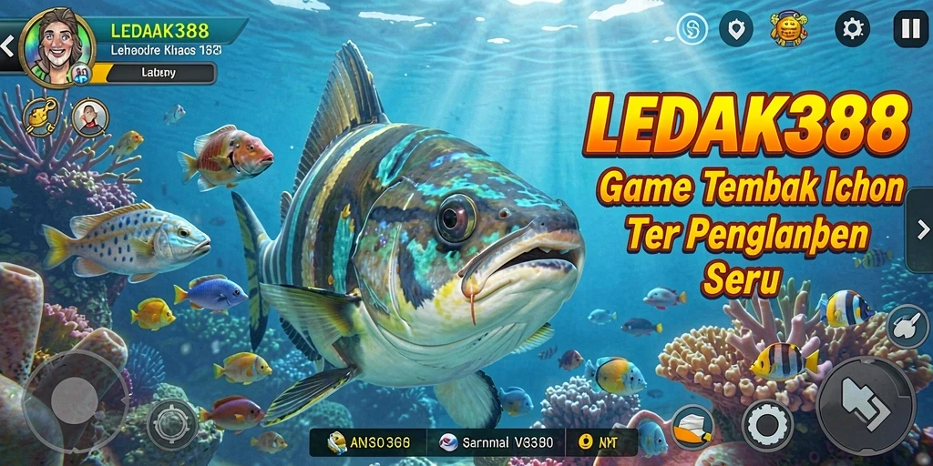 Tampilan gameplay LEDAK388 yang menarik dengan aksi menembak ikan.