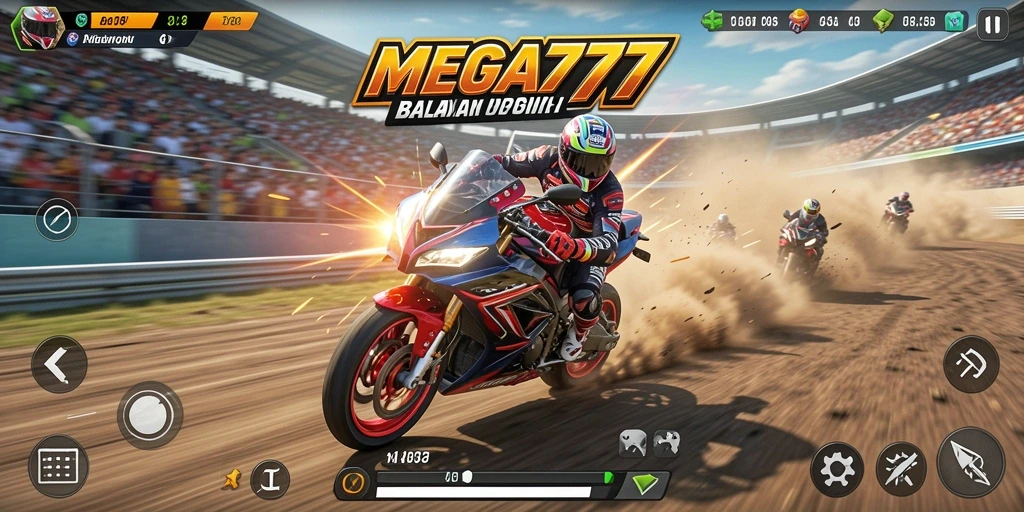 Tampilan gameplay MEGA777 menampilkan kecepatan dan ketegangan balapan motor.