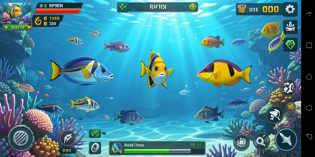 Tangkapan layar utama RPRR menampilkan momen seru menembak ikan di bawah laut.