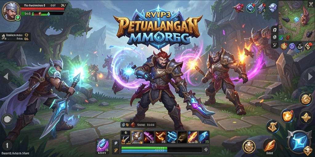 Screenshot gameplay <strong>RVIP3</strong> yang menunjukkan pertarungan epik di dunia MMORPG.