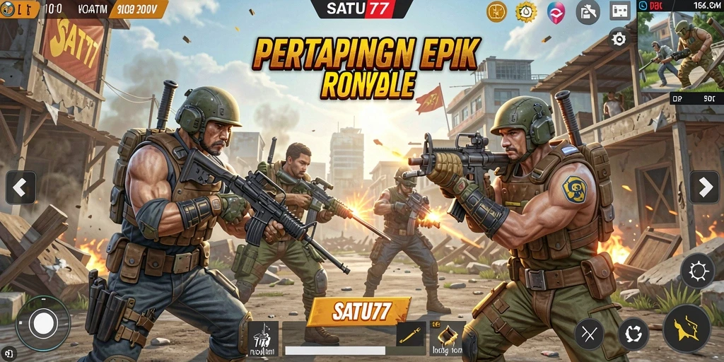 Tangkapan layar utama SATU77 menunjukkan aksi seru di arena Battle Royale.
