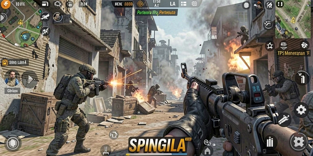 Tangkapan layar gameplay SPINGILA menampilkan aksi pertempuran yang seru.