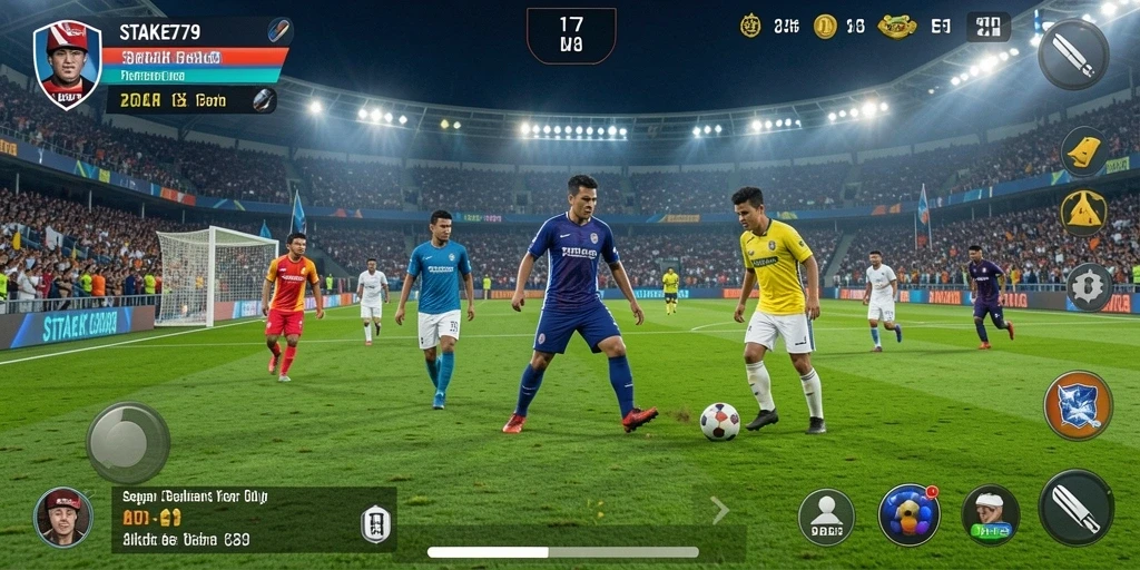 Tampilan gameplay STAKE779 menunjukkan aksi sepak bola yang mendebarkan dan realistis.
