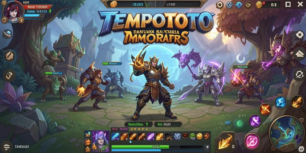 Screenshot gameplay TEMPOTOTO menampilkan pertarungan epik dalam dunia fantasi.