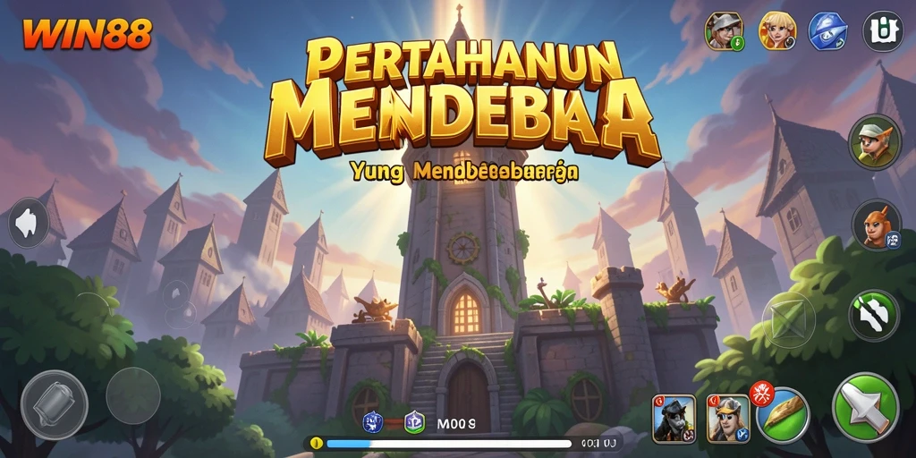 Tangkapan layar gameplay WIN88 yang menampilkan menara dan musuh dalam aksi.